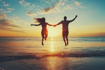 Fototapeta premium Couple Jumping at Sunset on the Beach