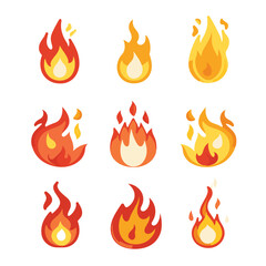 Collection cartoon fire flames various shapes sizes. Bright orange, yellow, red colors dominate these flame illustrations. Nine different fire icons suitable representing heat, danger, energy