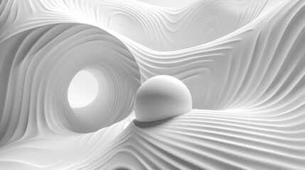 3d render of monochrome abstract art of 3d background with part of surreal 3d ball with spiral twisted wavy curved lines structure inside in white ai generated