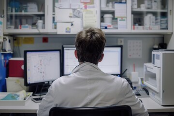 Rear view of a doctor looking at a computer screen in a clinic room