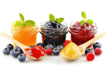 Strawberry, orange and blueberries jam with wooden spoon isolated on white background