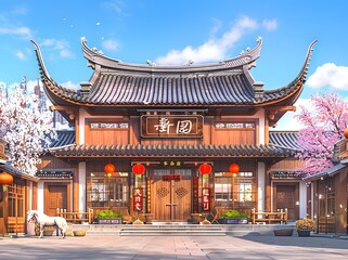 Obraz premium A traditional Asian building adorned with cherry blossoms and red lanterns, with a horse standing nearby. The scene exudes a serene and cultural ambiance, blending nature and architecture beautifully.