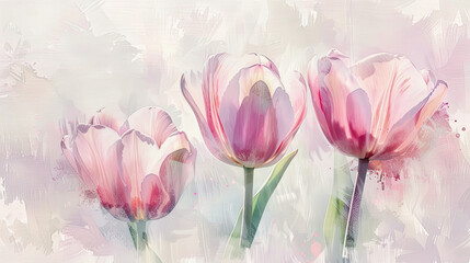 Watercolor tulips with blotting, soft pastels creating delicate highlights, gentle composition, light background