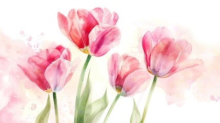 Naklejka premium Watercolor tulips with feathering, smooth and flowing edges, elegant and delicate, clean background