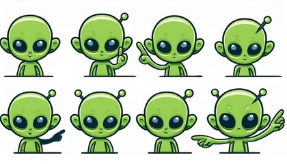 Fototapeta premium Funny Green Alien Character with Big Eyes and Small Antenna on Head Engaged in Different Action Vector Set