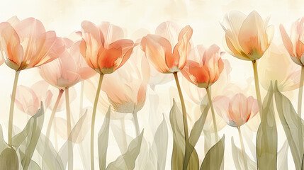 Watercolor tulips with gradient washes, seamless transitions in soft spring hues, light beige background