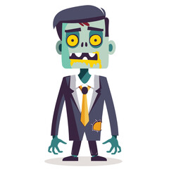 Zombie businessman cartoon character standing. Undead executive wears torn suit yellow tie, has green skin, exhibits classic zombie features. Cartoon illustration corporate figure, perfect Halloween