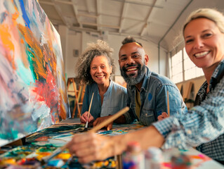 Happy multiracial artists collaborating on a colorful artwork