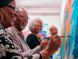 Black senior artists immersed in their artwork, sharing a moment of creativity