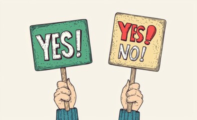 Cartoon illustration of two hands holding signs with 'YES!' and 'YES! NO!'.