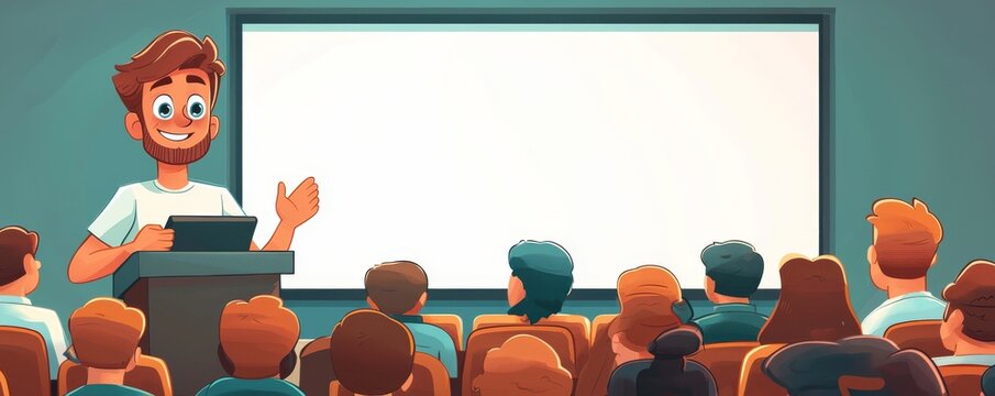 Cartoon man giving a presentation to a diverse audience in a classroom setting