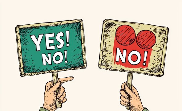 Cartoon illustration of two hands holding signs with 'yes' and 'no' messages