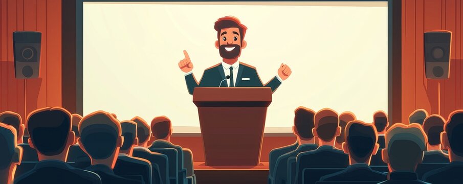 Cartoon man giving a presentation to a large audience in a conference room - Powered by Adobe