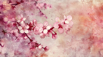 Watercolor vintage cherry blossom patterns using layering (glazing), rich and deep hues, textured paper background