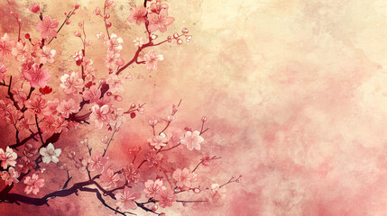 Watercolor vintage cherry blossom patterns using layering (glazing), depth with rich colors, textured paper background