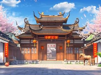 Obraz premium A traditional Asian building adorned with cherry blossoms and red lanterns, with a horse standing nearby. The scene exudes a serene and cultural ambiance, blending nature and architecture beautifully.