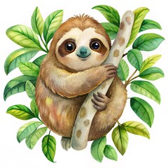 Obraz premium Sloth Watercolor, Sloth paint, Tropical animal, Cute sloth holding on to a branch and tree. Watercolor boho tropical drawing clipping path isolated on white background
