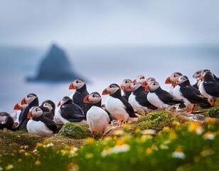 Large group of Atlantic puffin (Fratercula arctica) on the island of Runde in the Norway. Beautiful little bird with red bill of bird. Wild scene with arctic animals.