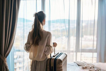 Young female traveler with a suitcase in hotel room after check-