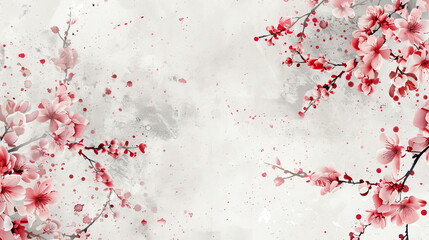 Fototapeta premium Watercolor vintage cherry blossom patterns with splattering, dynamic and artistic, light gray background