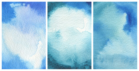 Ink watercolor hand drawn smoke flow stain blot wet paper texture background. Blue colors. Set.