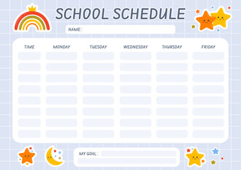 School schedule for kids, weekly planner, printable school timetable for homeschool, preschool, kindergarten. School children routine. Education lessons plan, class planning. Back to school.