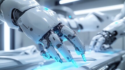 A robotic arm with glowing fingers