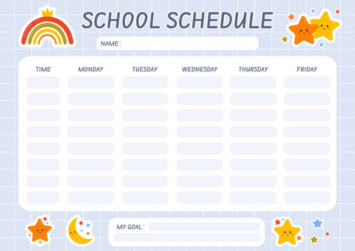School schedule for kids, weekly planner, printable school timetable for homeschool, preschool, kindergarten. School children routine. Education lessons plan, class planning. Back to school.