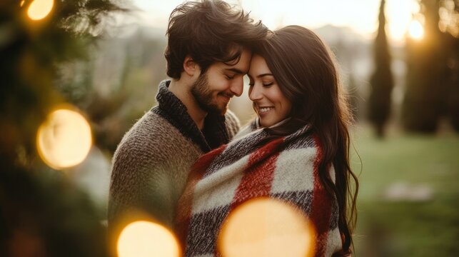 Romantic couple wrapped in blanket outside