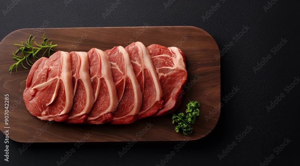 Poster raw lamb chops arranged on a wooden board with sprigs of fresh rosemary and parsley garnish.