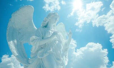 Angel spirit across a bright blue sky with clouds, Generative AI