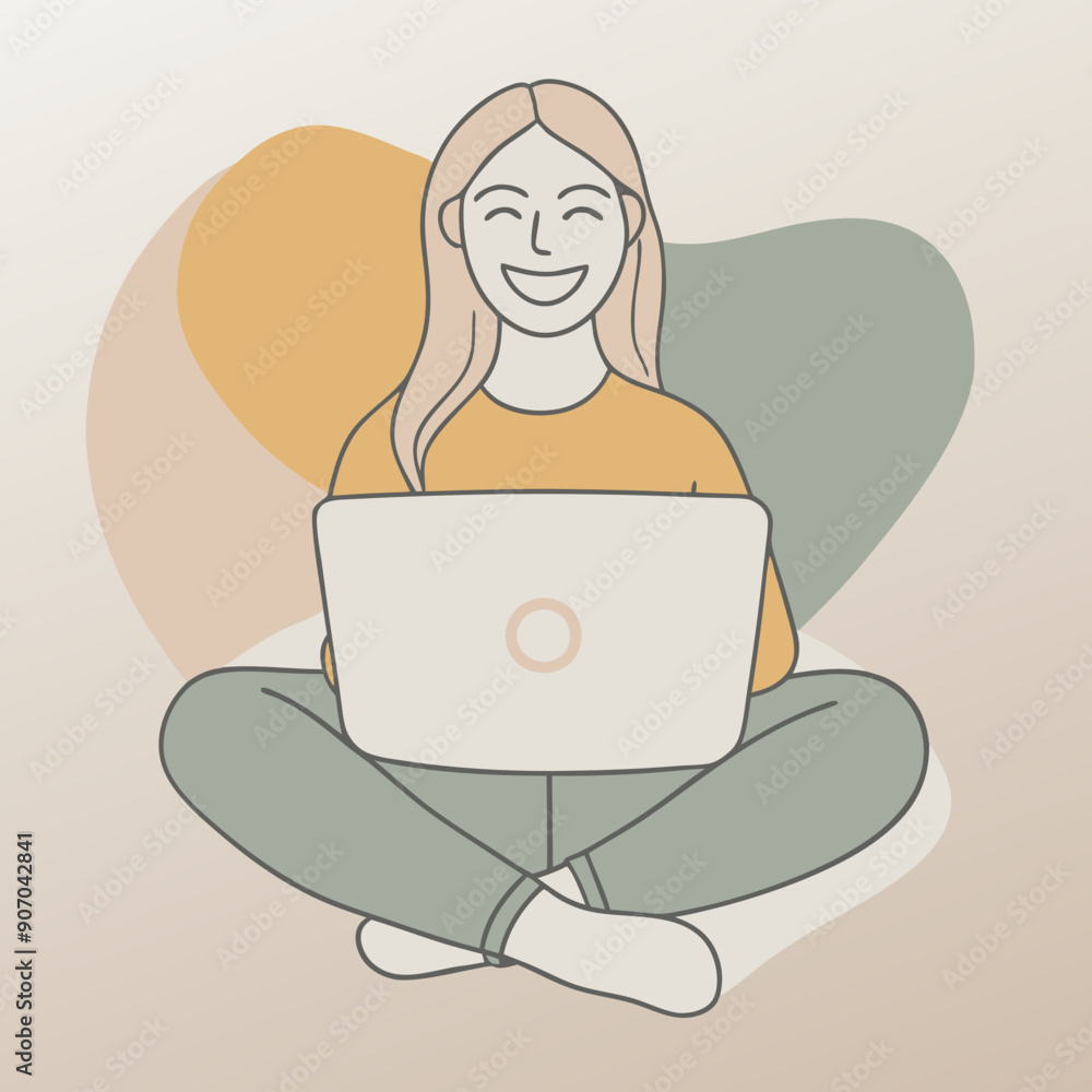 Wall mural young smiling woman jane sitting with crossed legs, holding laptop. freelance, studying, online educ