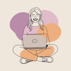 Young smiling woman Jane sitting with crossed legs, holding laptop. Freelance, studying, online education, work at home, work concept