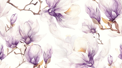 Watercolor vintage magnolia patterns in dry brush style, expressive and bold lines, clean white background