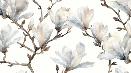 Watercolor vintage magnolia patterns in dry brush style, expressive and bold lines, clean white background