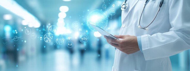 Doctor using digital tablet with futuristic medical technology