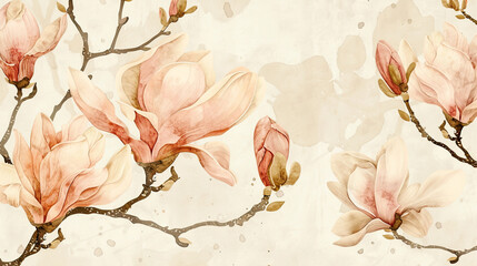 Watercolor vintage magnolia patterns in wet-on-wet style, smooth and vibrant transitions, light beige Background