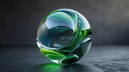 3d render with abstract glass and metal sphere with wavy curved shape in green and blue gradient color on dark grey background ai generated