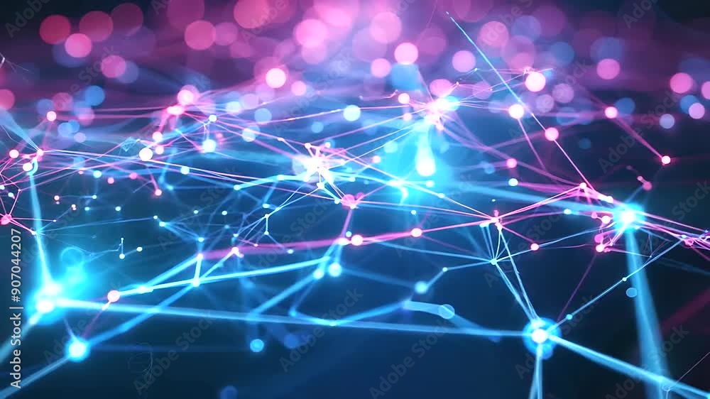 Poster vibrant neon data nodes and lines forming an intricate digital network.