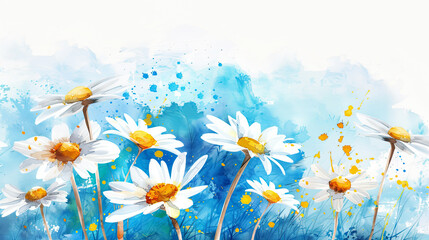 Watercolor whimsical daisies in dry brush style, vivid and striking strokes, clean white background