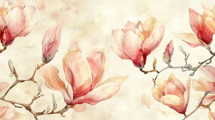 Watercolor vintage magnolia patterns in wet-on-wet style, vibrant and smooth blending, light beige Background