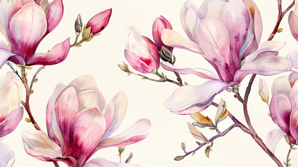 Watercolor vintage magnolia patterns with feathering, elegant and smooth edges, light background