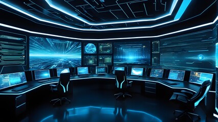Fototapeta premium A room with many computer monitors and chairs