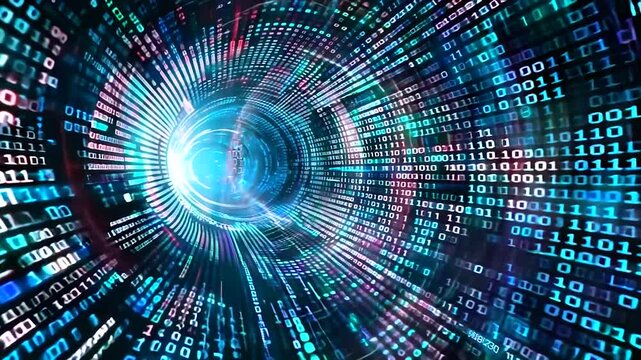 A dynamic tunnel of swirling binary code in motion.