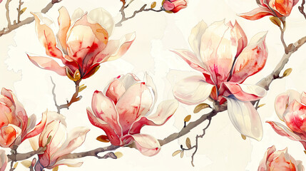 Watercolor vintage magnolia patterns with ink and wash combination, intricate and colorful, light background