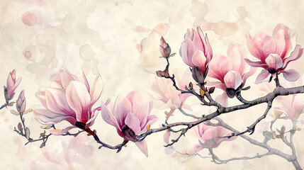 Watercolor vintage magnolia patterns with ink and wash combination, intricate and colorful, light background