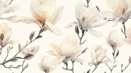 Watercolor vintage magnolia patterns with negative space, bold flowers with a soft background, light beige Background