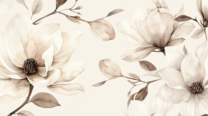 Watercolor vintage magnolia patterns with negative space, bold flowers with a soft background, light beige Background