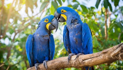 Loving Blue Hyacinth macaws sitting on the branch. Animal love.