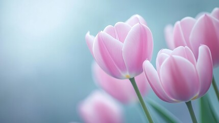 Fototapeta premium Close-up of pink tulips blooming with soft petals against a pastel blue background. The delicate flowers convey a sense of freshness and beauty